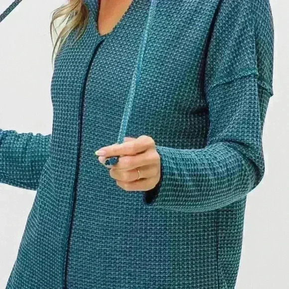 Dark Teal V-Neck Waffle Knit Hoodie Top - Picture 2 of 4